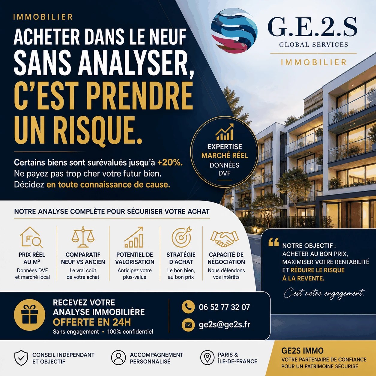 Immobilier neuf : promesse commerciale, risque patrimonial et analyse préalable — visuel GE2S IMMO